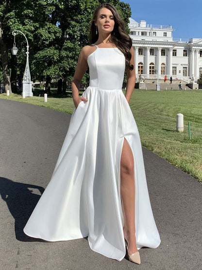 Maxi Dresses Straps Neck Sleeveless White High Split   Floor Length Dress