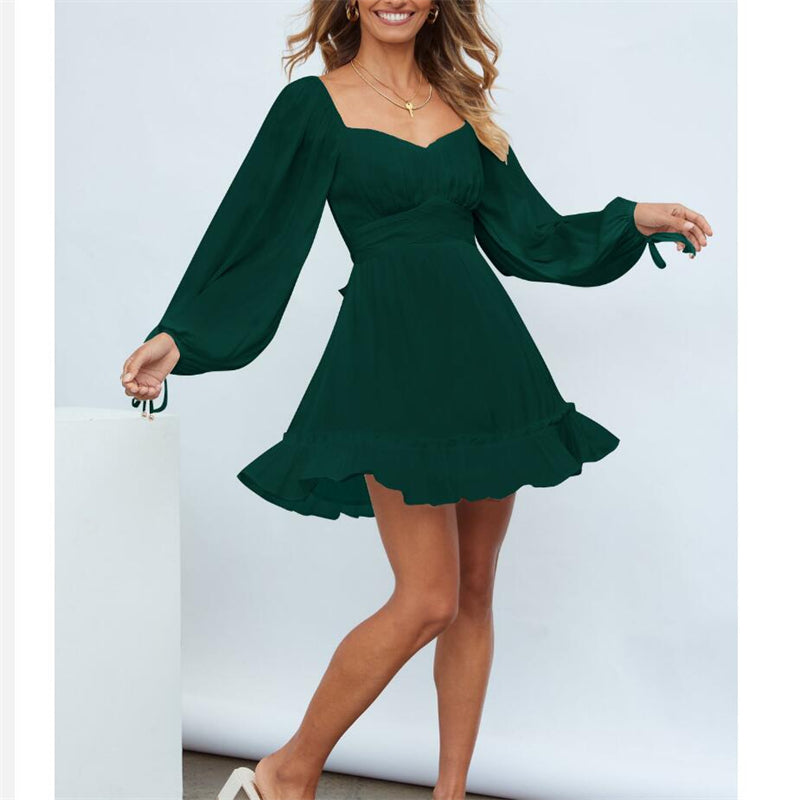 Ruffle Long Sleeve Square Collar Mini Dress in Multiple Colors