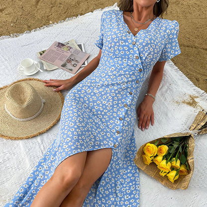 Elegant V-Neck Floral Print Split Maxi Dress in Black