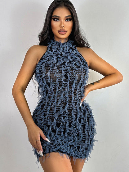 Bodycon Dress Applique Halter Sleeveless Cutout Casual Day Mini Dresses