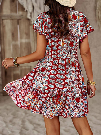 Ruffle Sleeve Round Neck Loose Pleated Mini Dress
