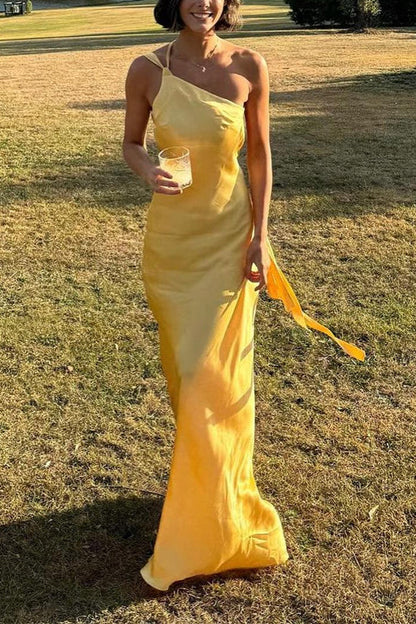 One Shoulder Open Back Tie Knot Satin Maxi Dress