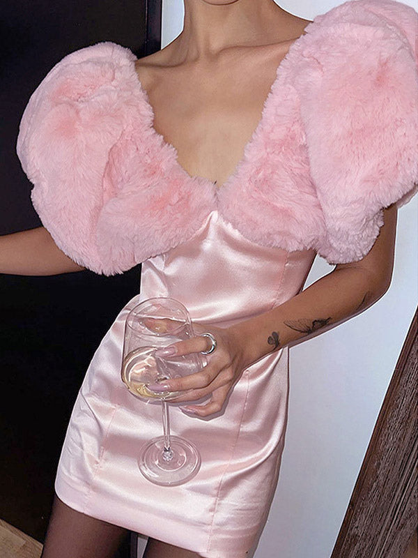 Birthday Party Dresses Pink V-Neck Faux Fur Trim Mini Dress In Pink