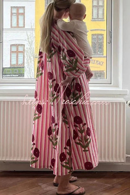Lara Linen Blend Floral Stripe Print Button Up Belt Pocketed Kaftan Midi Dress