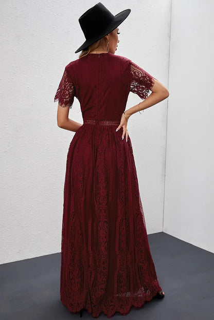 fiery red lace maxi dress