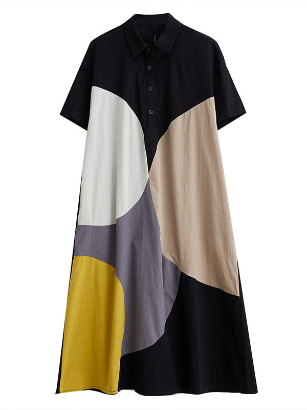 Loose Oversize Color-Block Contrast Color Split-Joint Lapel Midi Dresses Shirt Dress