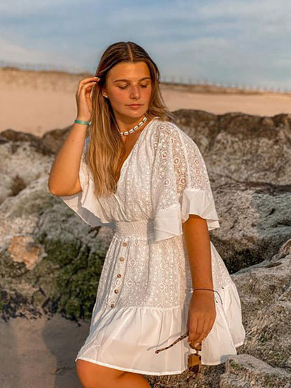 Boho Dress Lace V Neck Batwing White Flare Mini Dress for Women