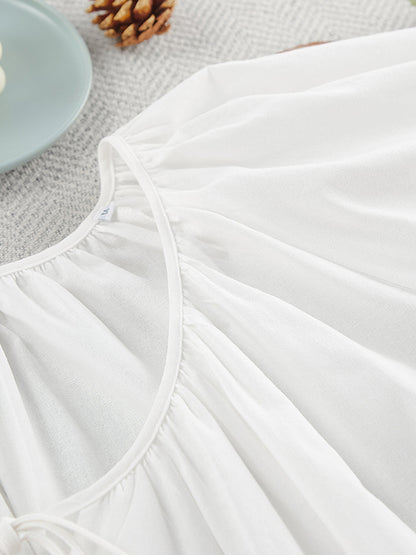 Loose Puff Sleeves Lace-Up Pleated See-Through Solid Color V-Neck Mini Dresses Sleep Dress