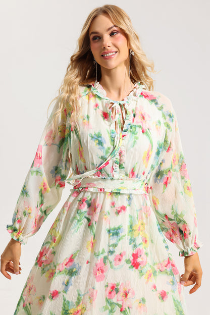 Floral Lace Up Frill Midi Dress