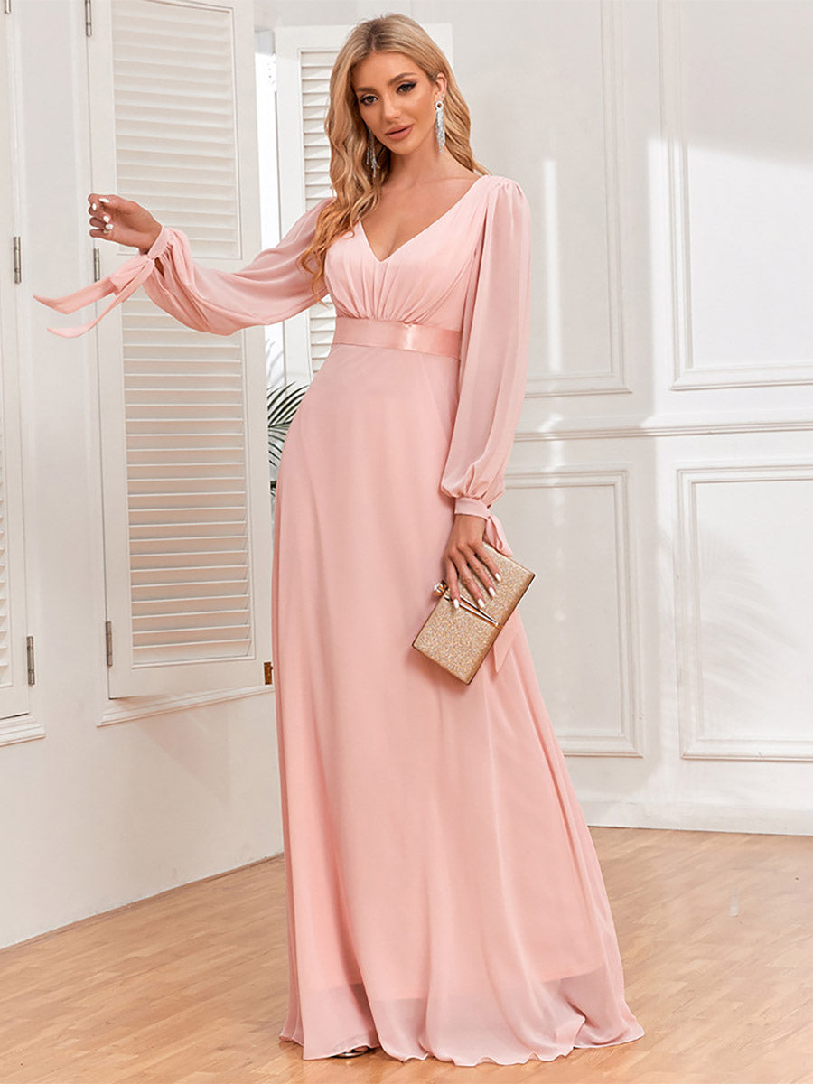 Cocktail Dress Lantern Sleeves V-Neck Backless Pleated Maxi Dresses
