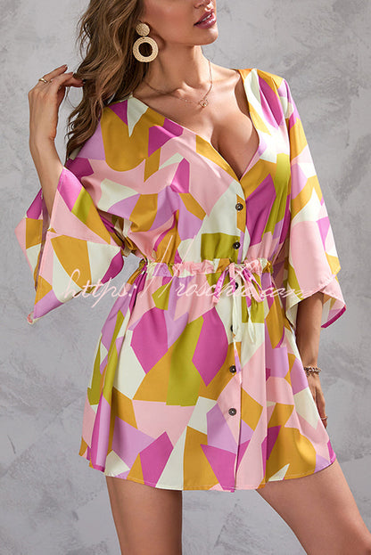 Botanical Print Button Drawstring Waist Dolman Sleeve Loose Romper