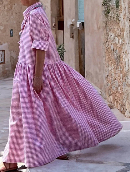 Plaid Button Lapel Collar A-Line Loose Casual Maxi Dress
