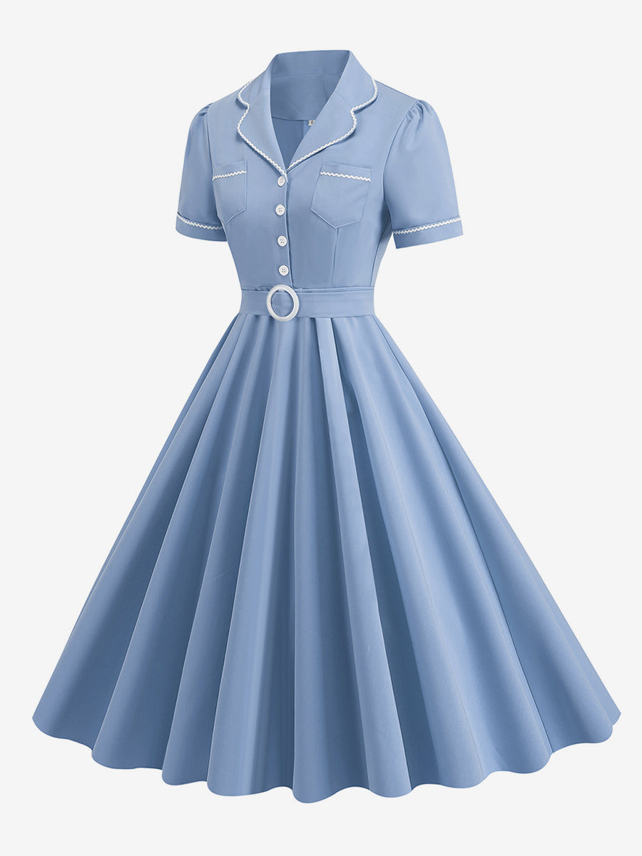 Dress Buttons Ring Detail Short Sleeves Retro Midi Dress