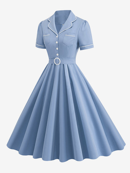 Dress Buttons Ring Detail Short Sleeves Retro Midi Dress