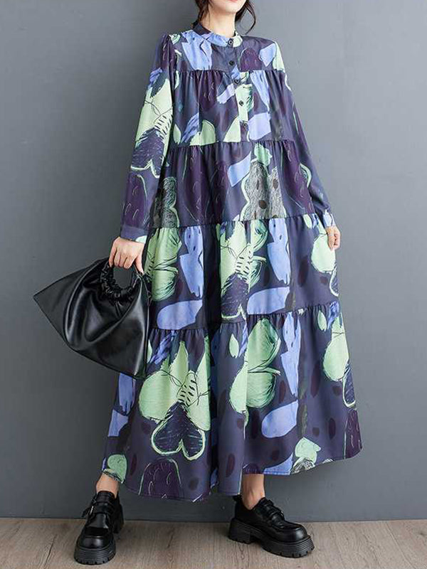 A-Line Long Sleeves Buttoned Flower Print Pleated Split-Joint Round-Neck Midi Dresses