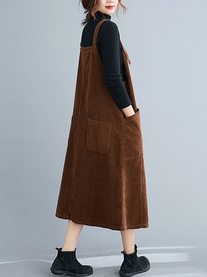 Artistic Retro Simple Corduroy Square-Neck Sleeveless Strap Dress