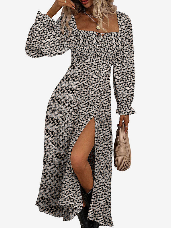 Floral Dress Square Neck Ruffles Sleeves High-Slit Midi Dresses