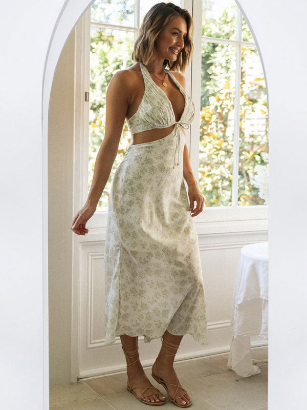 Floral Midi Dresses Floral Print Backless Lace Up V-Neck Sleeveless Backless Sexy Summer Long