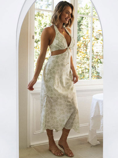 Floral Midi Dresses Floral Print Backless Lace Up V-Neck Sleeveless Backless Sexy Summer Long