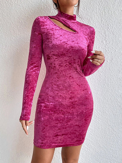 High Waisted Long Sleeves Hollow Solid Color Mock Neck Mini Dresses