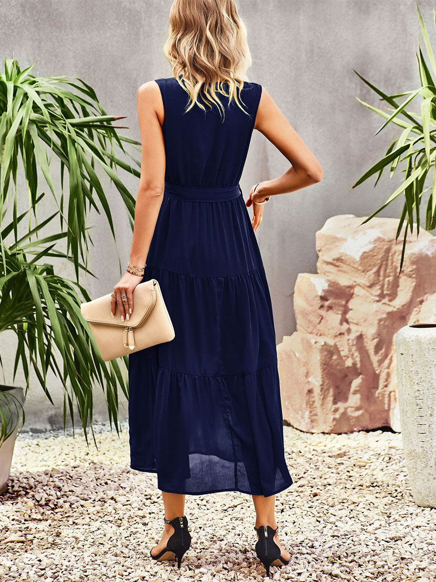 Lace Up Chic V-Neck Sleeveless Midi Dress