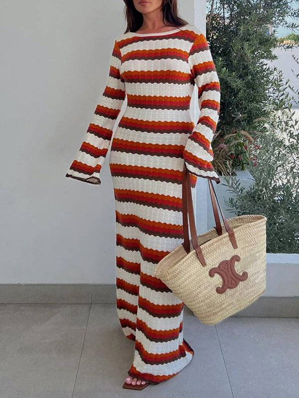 Long Sleeves Loose Backless Split-Joint Striped Round-Neck Maxi Dresses Sweater Dresses