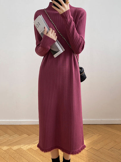 Long Sleeves Loose Fringed Solid Color Mock Neck Midi Dresses Sweater Dresses
