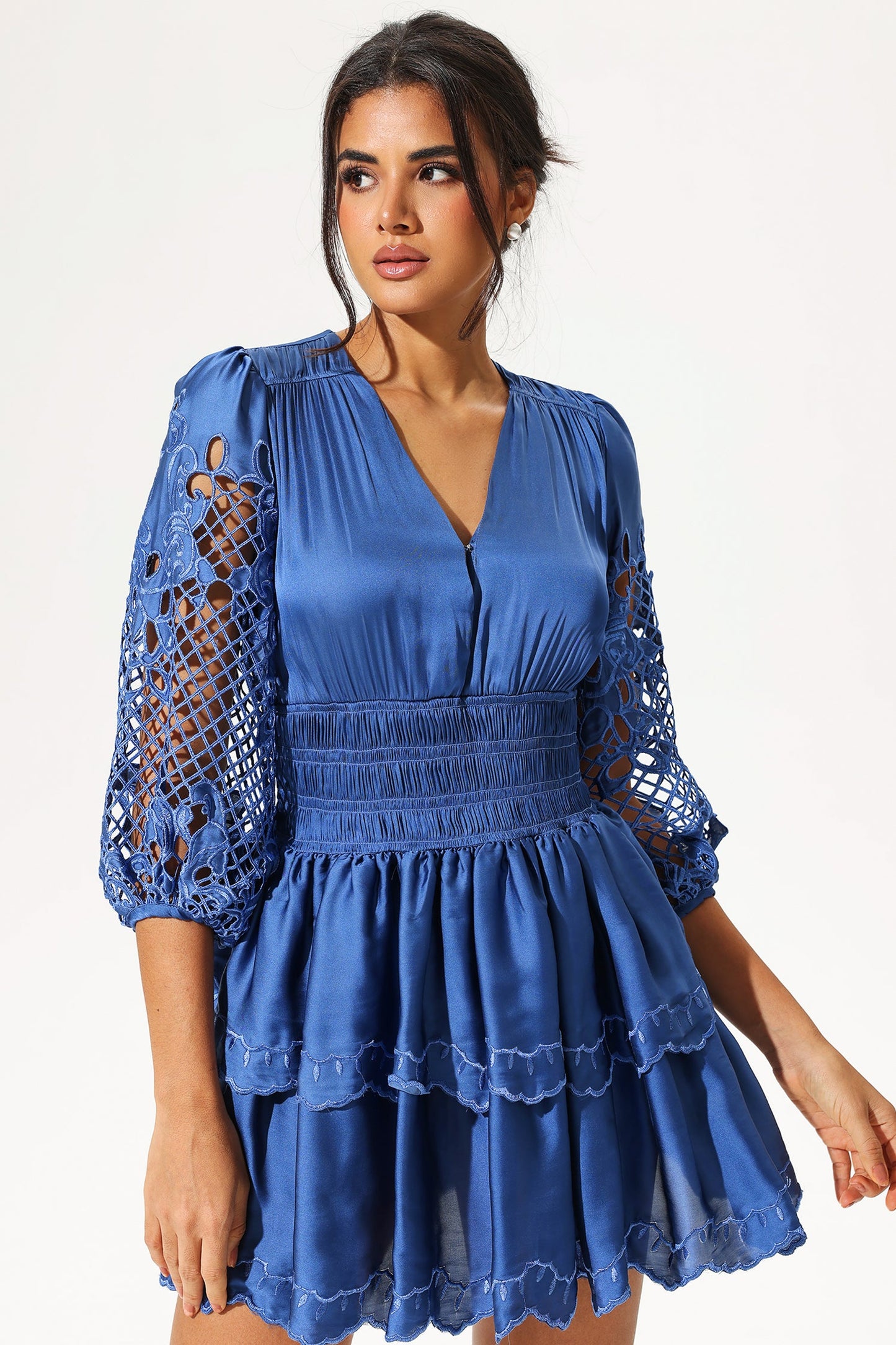 Lantern Sleeve V-Neck Cut-Out Mini Dress Blue