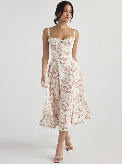 Floral Dress Midi Dress Dresses Floral Print High-slit Straps Neck Sleeveless Bohemian Summer