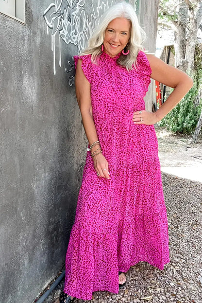 rose red leopard ruffle maxi dress