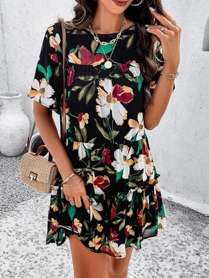 Botanical print short-sleeved tiered mini dress