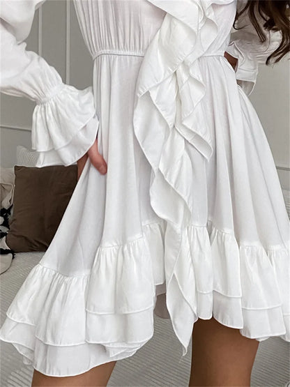 Tossy White Ruffled Mini Dress Women’s Patchwork Fashion Bandage High Waist Elegant Party Dress Slim Loose Autumn 2024 Dress New