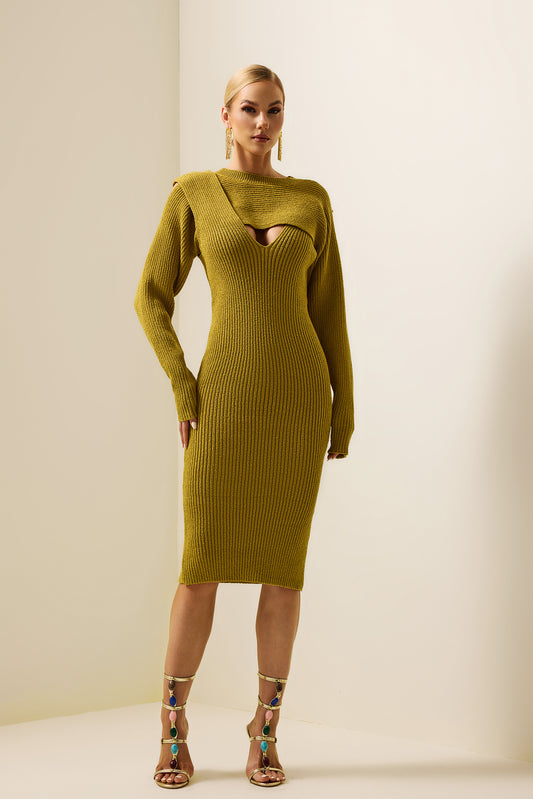 Solid Knit Knotted Long Sleeve Midi Dress