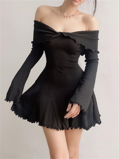 Tossy Black Knit Ruffled Mini Dress Women Patchwork Off-Shoulder Loose Slim Fashion Ribbed Dress Knitwear Clothes Female Dress