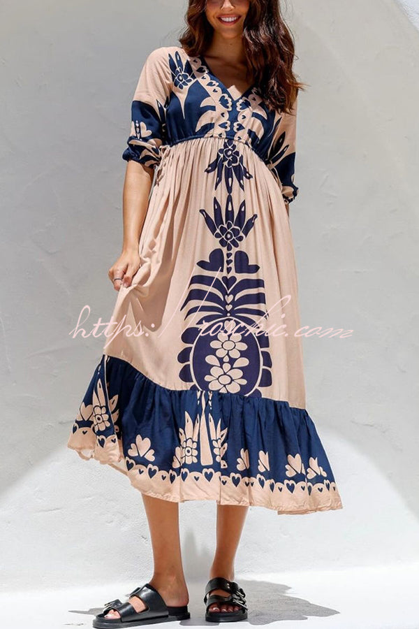 Unique Printed V-neck Loose Resort Style Midi Dress
