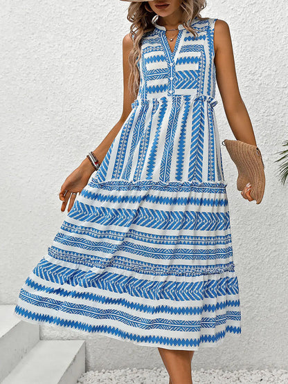 Sleeveless Summer Dress Printed Buttons Tiered Casual Chic Midi Dresses