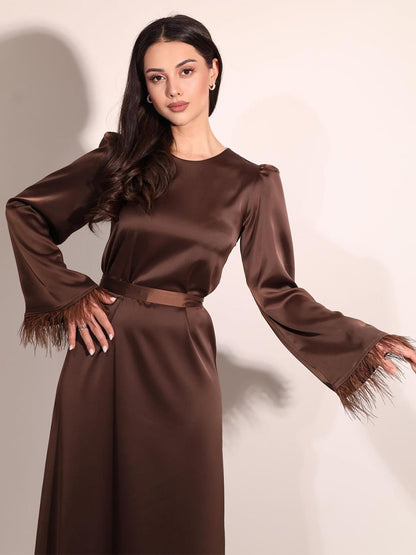 Satin Long Dress Feather Sleeves Belted Classic Party Maxi Dresses