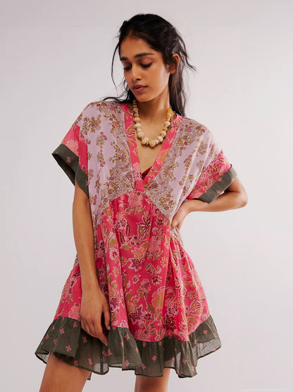Bohemian Dress V-Neck Short Sleeves Oversized Summer Casual Mini Dresses