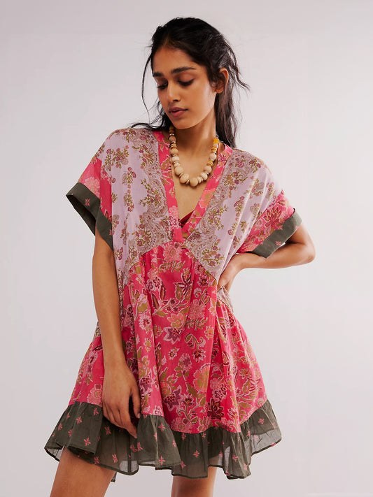 Bohemian Dress V-Neck Short Sleeves Oversized Summer Casual Mini Dresses