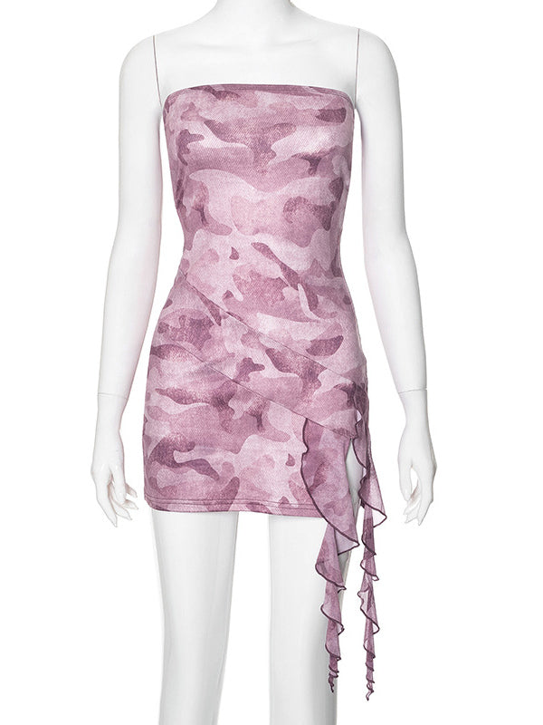 Printed Dress Off The Shoulder Backless Ruffles Sheath Mini Dresses