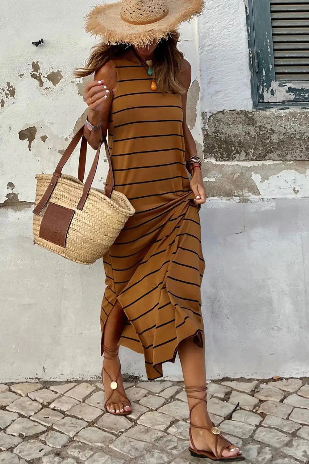 striped open back maxi dress