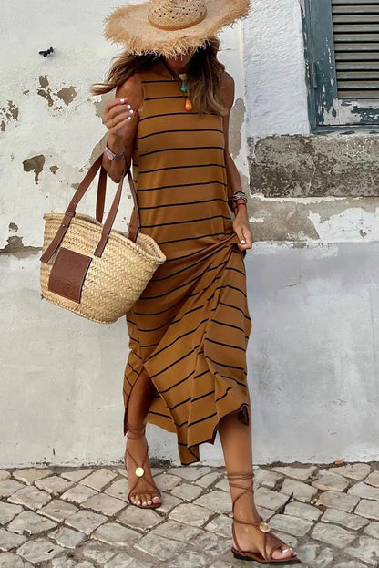 striped open back maxi dress