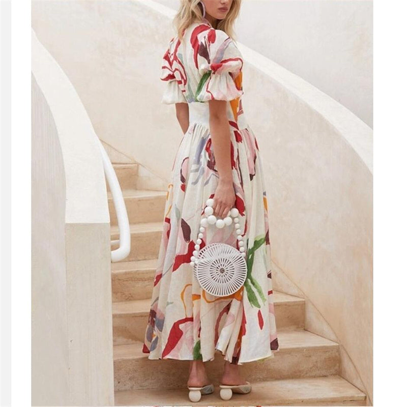 V-Neck Printed Maxi Dress in Blue, Gold, Green, Rose Red, White