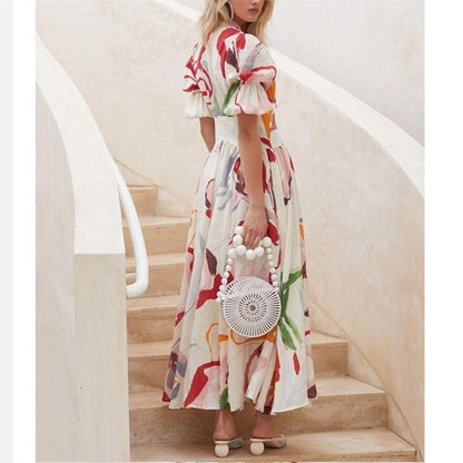 V-Neck Printed Maxi Dress in Blue, Gold, Green, Rose Red, White