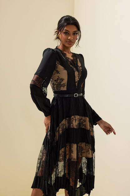 Lace Splicing Long Sleeve Midi Dress