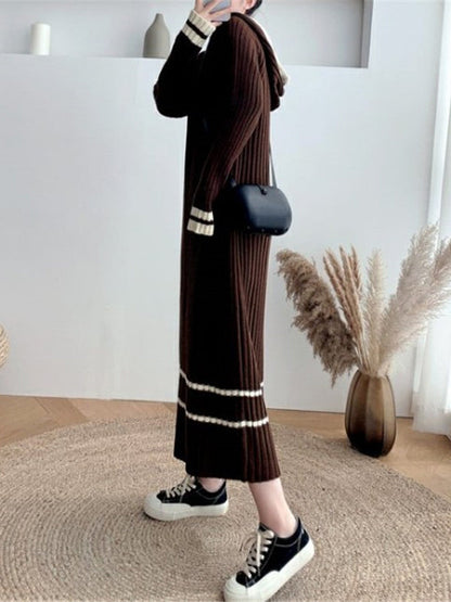 Urban Long Sleeves Loose Striped V-Neck Hooded Sweater Dresses