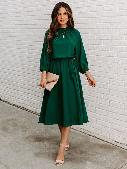 Sash Jewel Neck 3/4 Length Sleeves Midi Dress