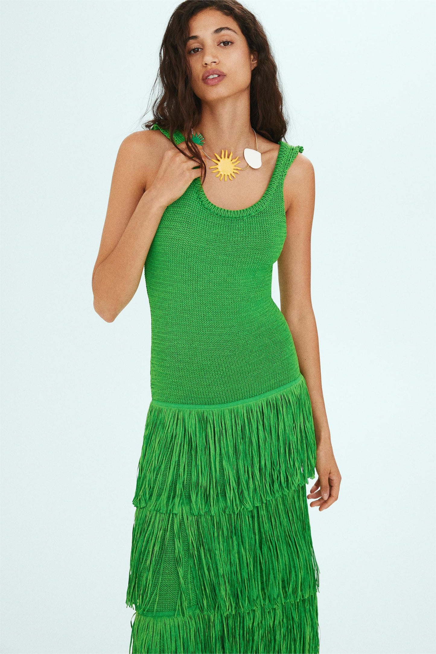 Knit Solid Tassel Sleeveless Midi Dress
