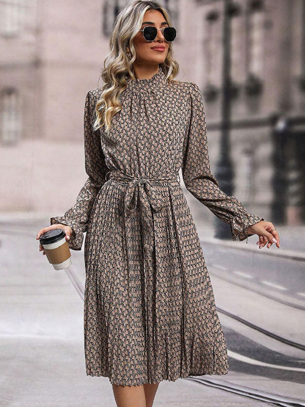 Allover Printed Dress Long Sleeves Ruffles Trim Day Midi Dresses