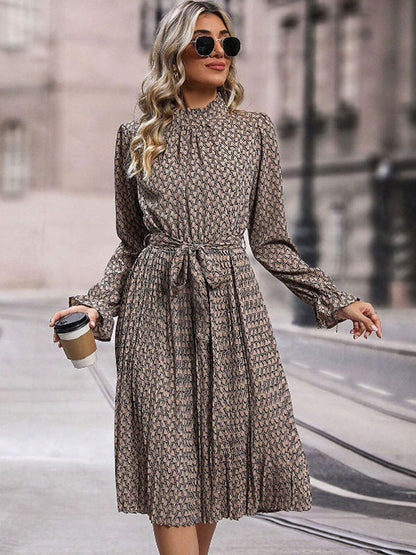 Allover Printed Dress Long Sleeves Ruffles Trim Day Midi Dresses